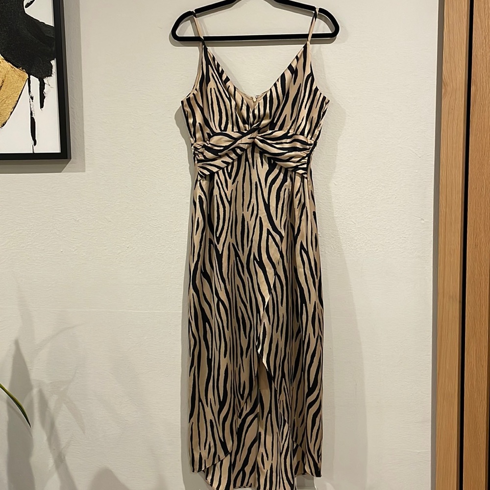 Elegant Zebra Print Beige & Black Long Dress